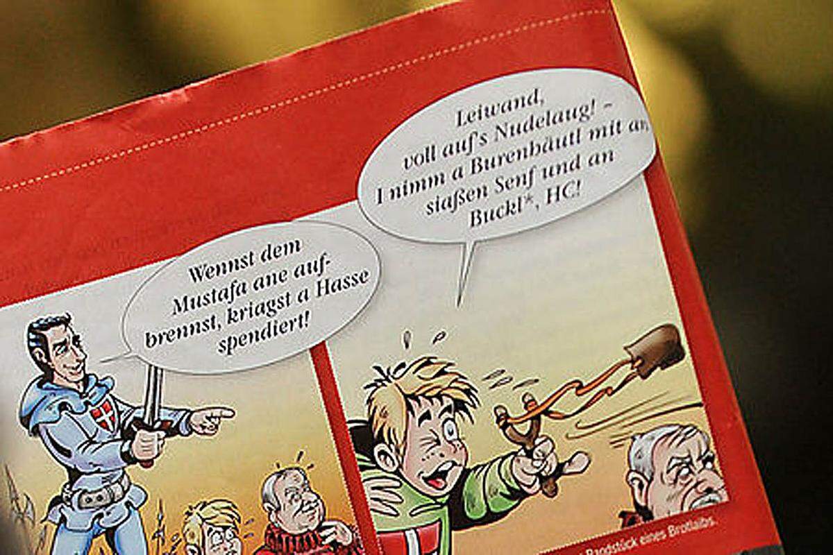 In dem Comic "Wiener Sagen", herausgegeben zum Wien-Wahlkampf 2010, fordert der stracheähnliche Held einen Buben dazu auf, einem Türken ("Mustafa") mittels Steinschleuder eine "aufzubrennen". Die Broschüre erschien in einer Auflage von 550.000 Stück und löste einen Skandal aus. Die Grünen orteten darin den Versuch, "Kinder aufzuhetzen", die SPÖ sah eine "Anstiftung zur Gewalt".