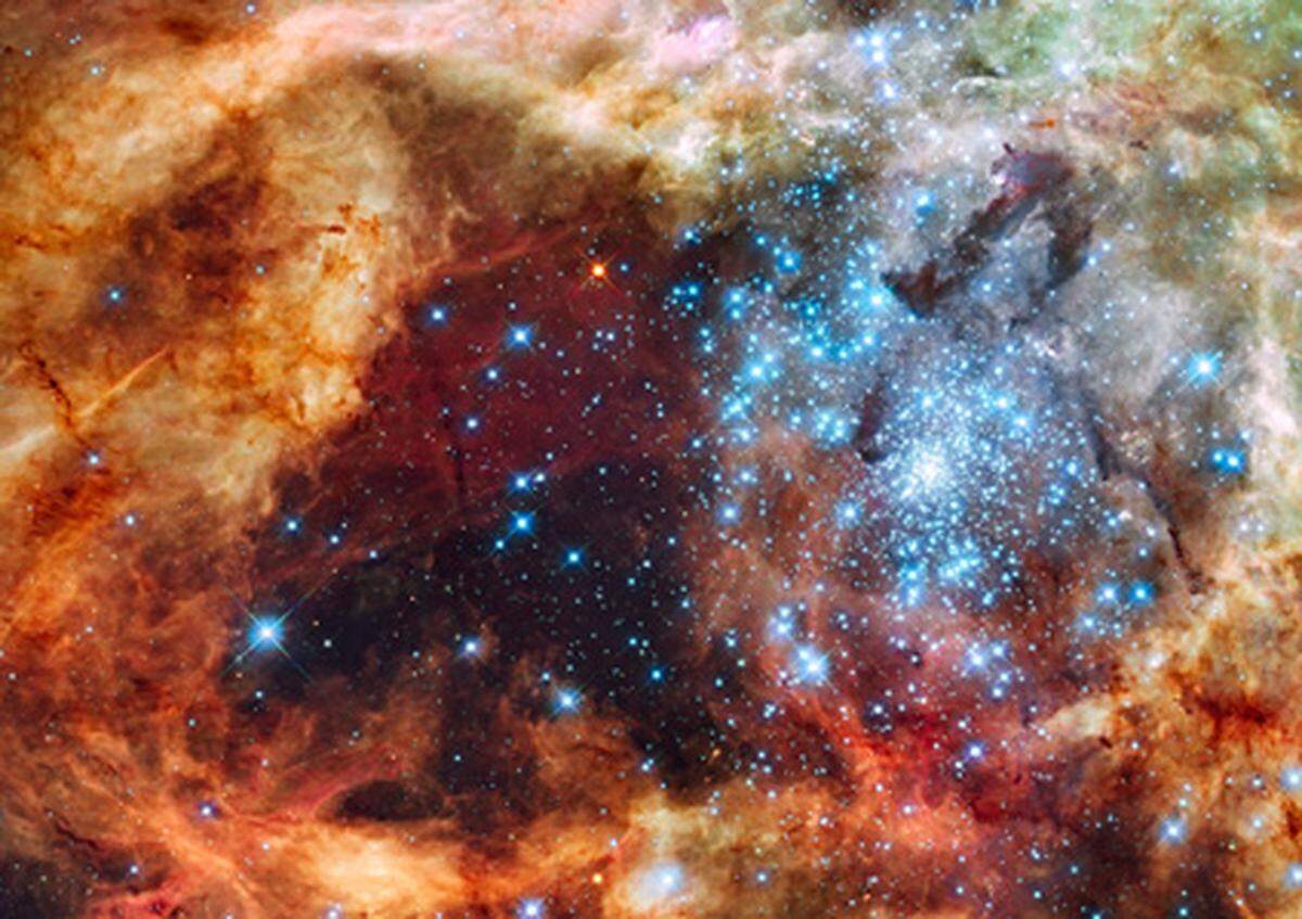 Eine Hundertschaft an hellen, blau leuchtenden Sternen wurde erst vor kurzem entdeckt. Die Gruppe R136 ist erst ein paar Millionen Jahre alt und befindet sich im 30 Doradus Nebel in der großen Magellanschen Wolke. Der Nebel gilt als größte Sternen-Geburtsstätte der Milchstraße.