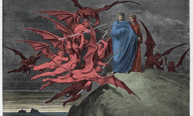 Dämonen bedrängen Vergil und Dante im 21. Canto (Gesang, quasi Szene) in der Hölle, helfen ihnen aber danach auf dem Weg. Illustration von Gustave Dore (1832-1883). 