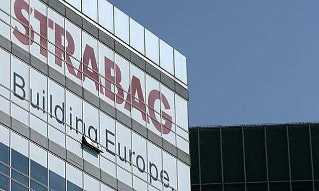 The logo of Austrian builder Strabag is pictured on its headquarters building in Viennas building in Vienna