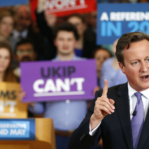 Britain´s Prime Minister David Cameron delivers a speech to placard waving Conservatives during an European election campaign rally at a science park in Bristol