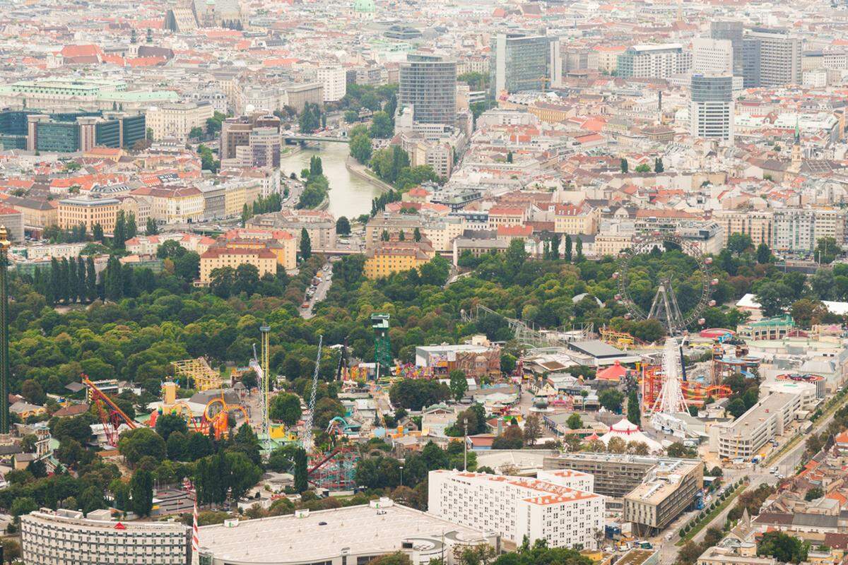 Wurstelprater, Riesenrad, Donaukanal, Teile der Wiener Innenstadt.