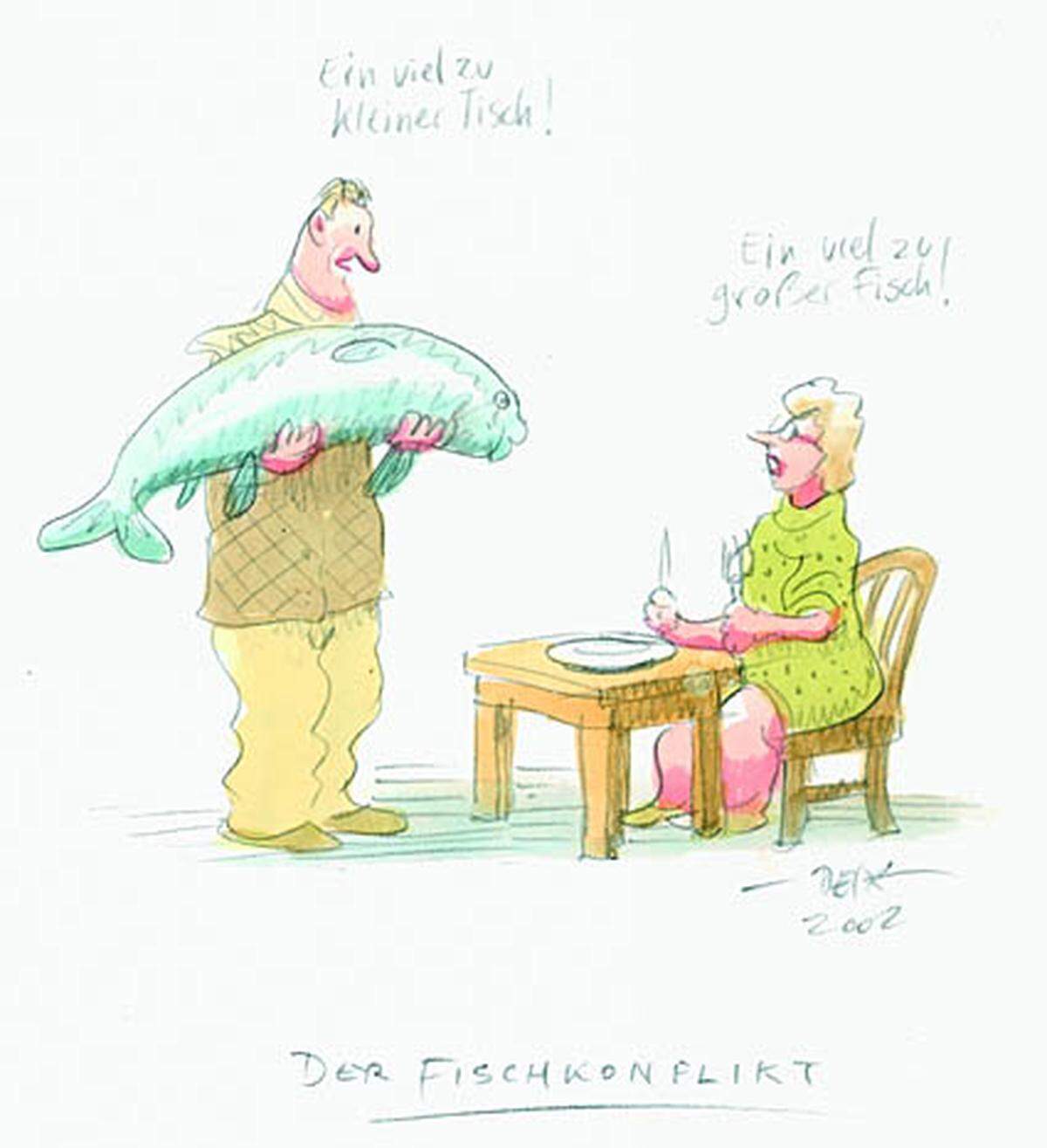  Im Bild: Manfred Deix, Der Fischkonflikt, 2002