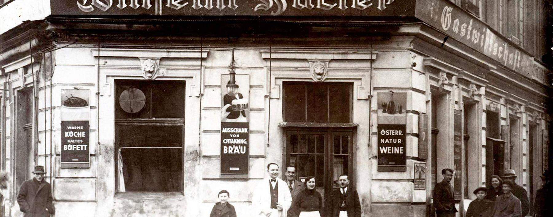 Im ersten Stock wurden Zähne gezogen, im Parterre herrschte der Wirt: Wiener Gastwirtschaft Wilhelm Hacker, Ansichtskarte aus den 1930er-Jahren.