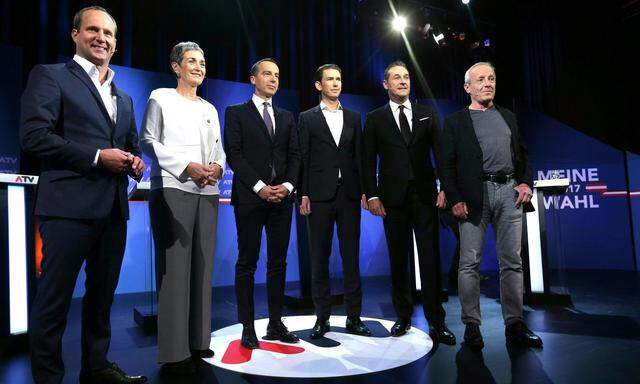 Die Spitzenkandidaten von gestern: Matthias Strolz (Neos), Ulrike Lunacek (Grüne), Christian Kern (SPÖ), Sebastian Kurz (ÖVP), Heinz-Christian Strache (FPÖ), Peter Pilz (Liste Pilz).