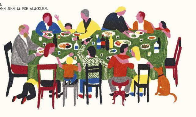 Eine der hundert Zeichnungen aus dem Buch „Hundert“ von Heike Faller und Valerio Vidali. Diese zeigt das Lebensalter 48 und eine Großfamilie, die um einen Tisch sitzt.