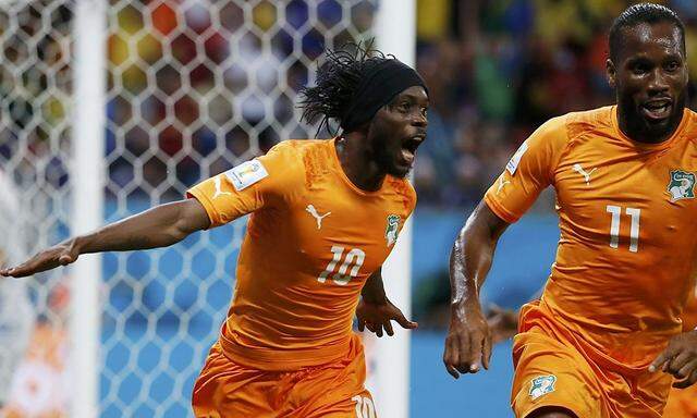 Ivory Coast´s Gervinho celebrates after scoring a goal during their 2014 World Cup Group C soccer match against Japan at the Pernambuco arena in Recife