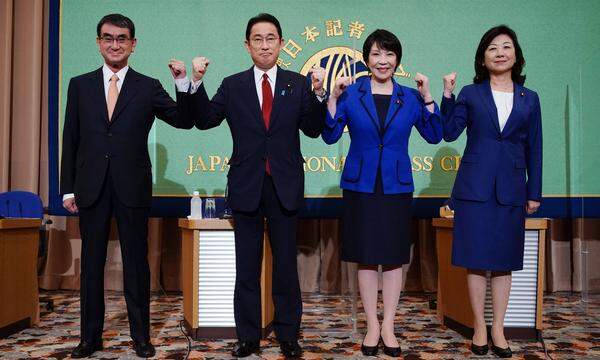 Einer dieser vier Damen und Herren wird Japan regieren: Tarō Kōno, Fumio Kishida, Sanae Takaichi und Seiko Noda.
