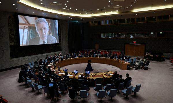 Pink Floyd co-founder Roger Waters is seen speaking on a video screen during a U.N. Security Council meeting on Ukraine at the United Nations headquarters in New York City