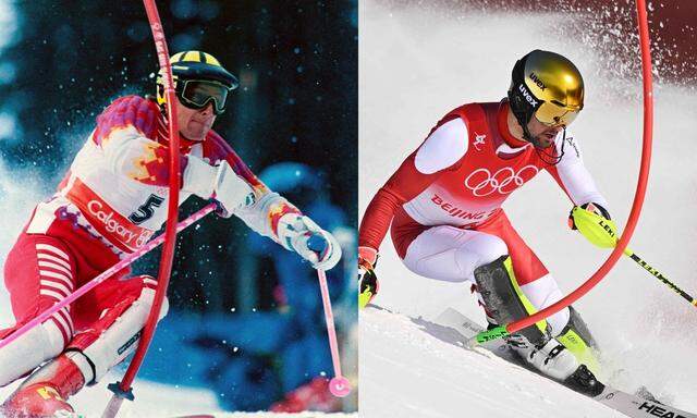 Vergoldete Skifahrer, wie der Vater, so der Sohn: Hubert Strolz bei Olympia 1988 und Johannes Strolz 2022 in Peking. 