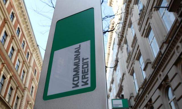The logo of Kommunalkredit is pictured in front of its headquarters building in Vienna