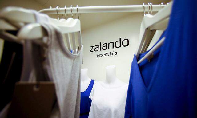 A Zalando logo printed on a wall is seen in a showroom of the fashion retailer Zalando in Berlin