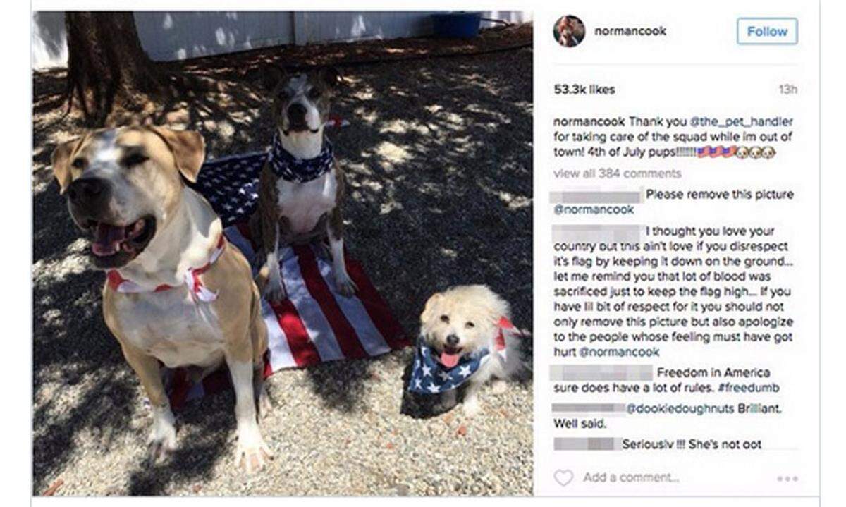 Dass man sich in den USA auch keine patriotischen Späße erlauben darf, musste die Schauspielerin Kaley Cuoco auf die harte Tour erfahren. Am Unabhängigkeitstag, dem 4. Juli veröffentlichte sie ein Bild ihrer Hunde, die auf einer US-Fahne Platz nahmen. Die "Entweihung" des Nationalsymbols regte viele zum Shitstorm an. Cuoco löschte das Bild und entschuldigte sich.