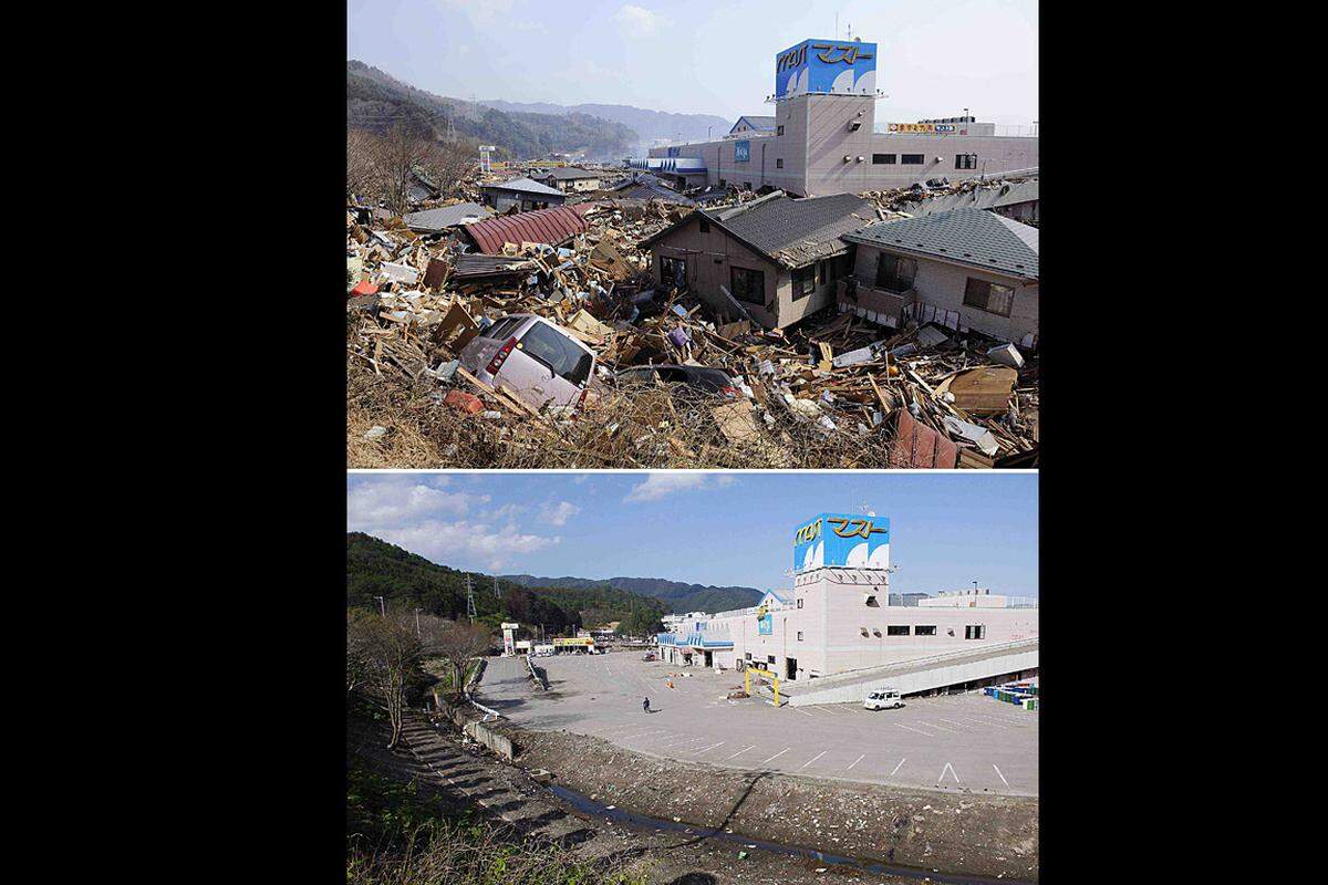 Seit Beginn der Katastrophe sind rund 15.400 Tote geborgen worden, rund 8100 Menschen gelten weiter als vermisst.Der Parkplatz des Supermarktes in Otsuchi konnte bereits vollständig von Häusern und Trümmern geräumt werden.