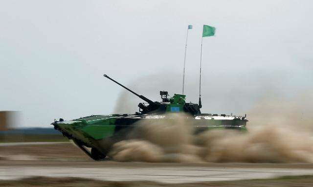 Amphibious infantry fighting vehicle drives during International Army Games outside Moscow