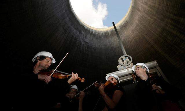 The South Bohemian Philharmonic Quartet performs inside a cooling tower at Temelin nuclear power plant near the town of Tyn nad Vltavou