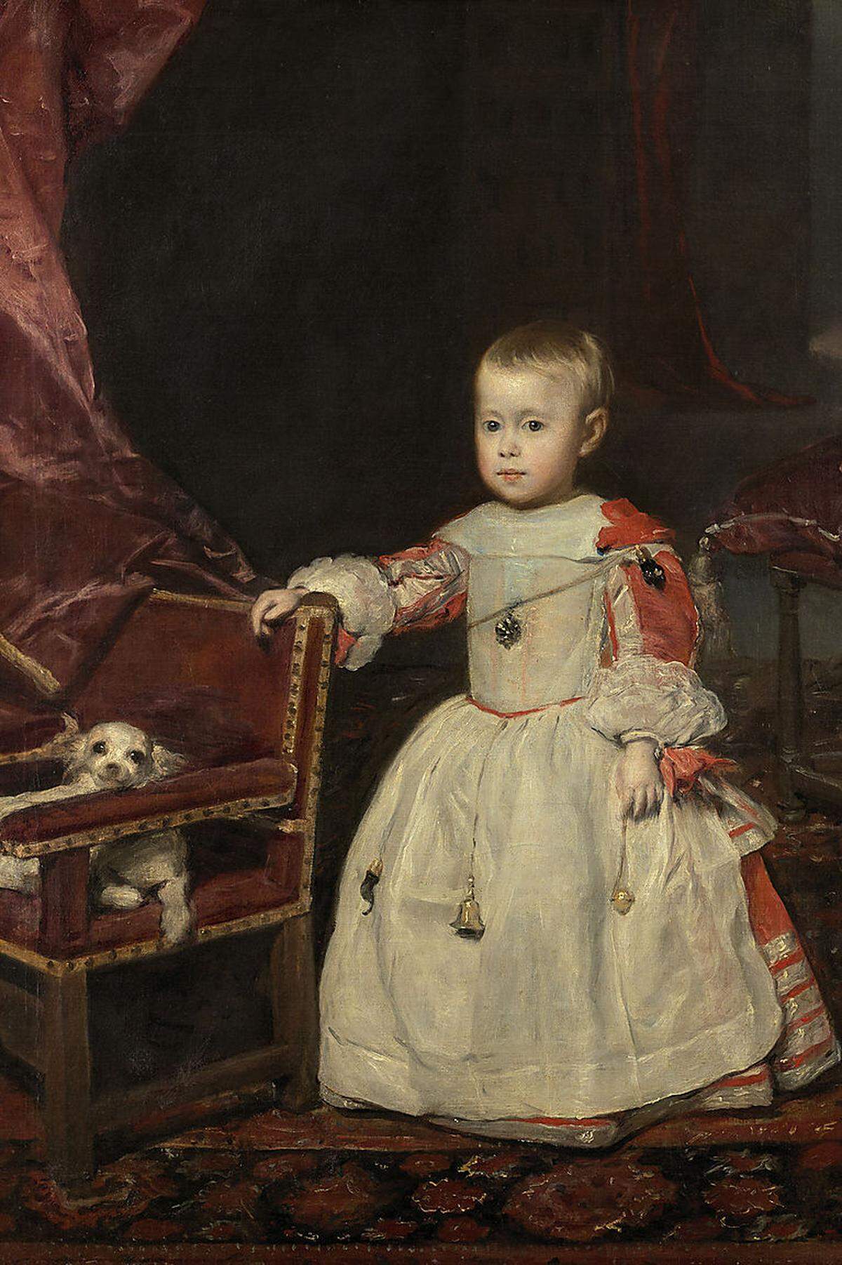 1657 gebar Maria Anna von Österreich den lang ersehnten Kronprinzen. Felipe Prospero war von Anfang an kränklich, Velázquez fing das mit Amuletten und Glücksbringern behangene Kind ein - das Bild ist eines seiner letzten und vollendetsten Werke.