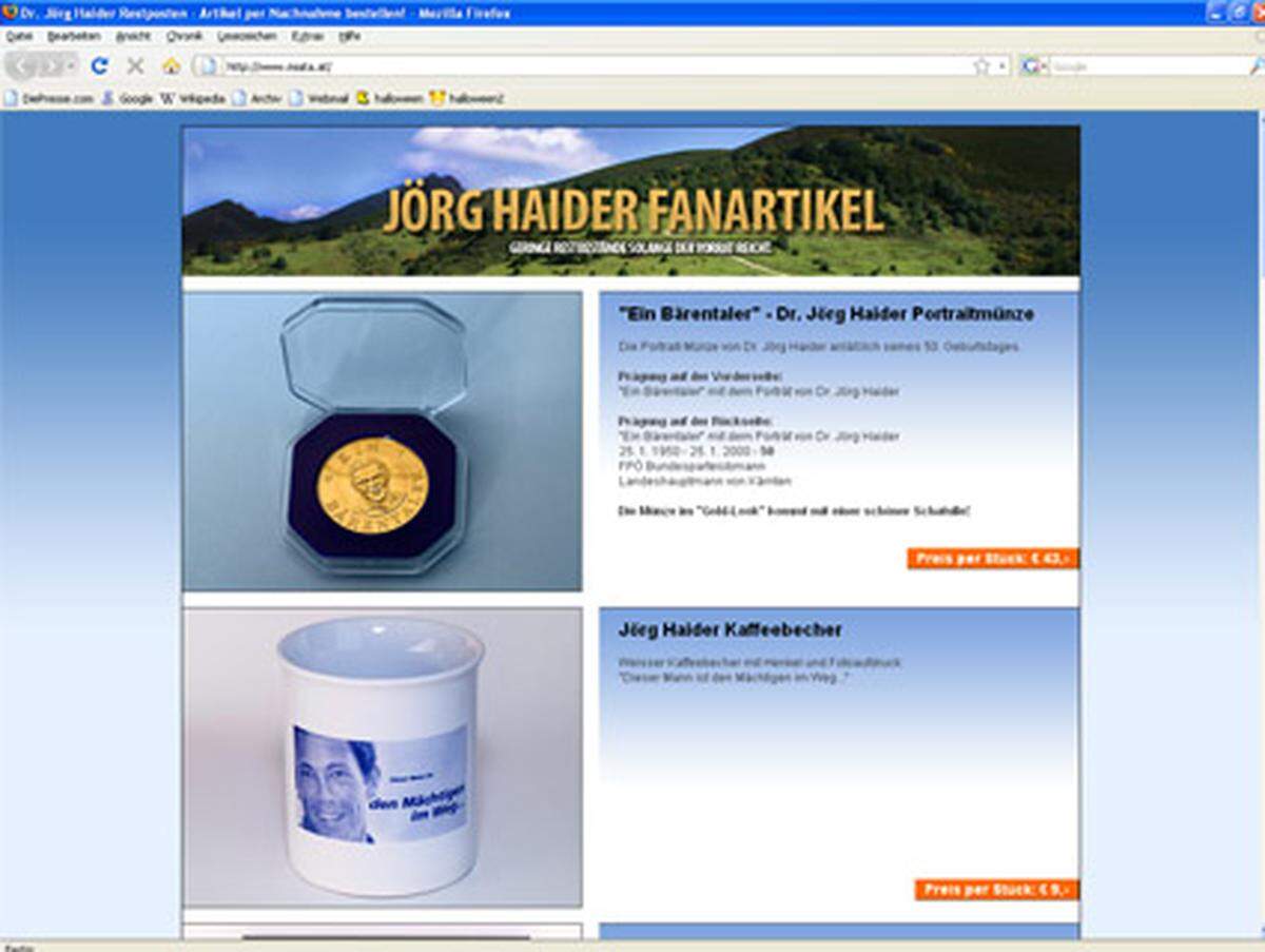 Auf miata.at findet man ausschließlich Restposten von Jörg-Haider-Fanartikeln aus dem ehemaligen Shop der Freiheitlichen. Die Restposten sind also schon mehrere Jahre alt - Haider ist schließlich bereits 2005 aus der FPÖ ausgeschieden. Eine Auswahl: