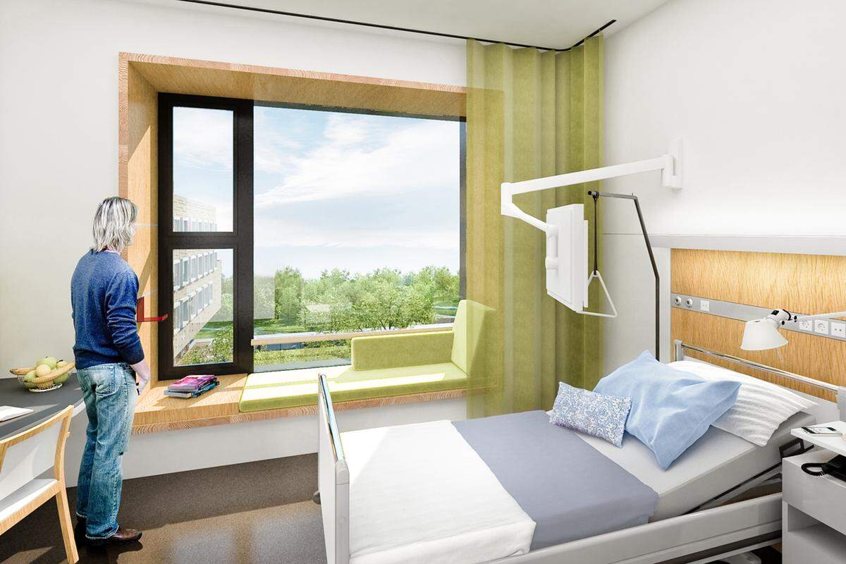 Das Krankenhaus wird über fast 800 Betten verfügen. Es soll hauptsächlich Ein- und Zweibettzimmer geben.Bild: Rendering eines Patientenzimmers