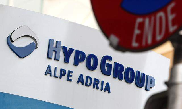 The logo of nationalised Hypo Alpe Adria is pictured at a former branch office of the bank in Klagenfurt