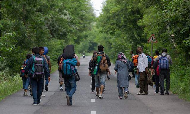 150717 ASOTTHALOM July 17 2015 Illegal migrants from Afghanistan walk on a road near borde