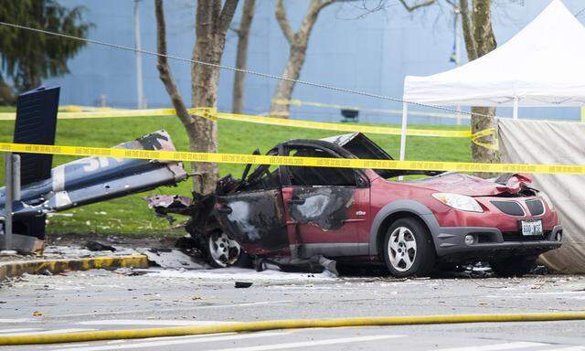 Wreckage is pictured where a television news helicopter crashed near the Space Needle in Seattle