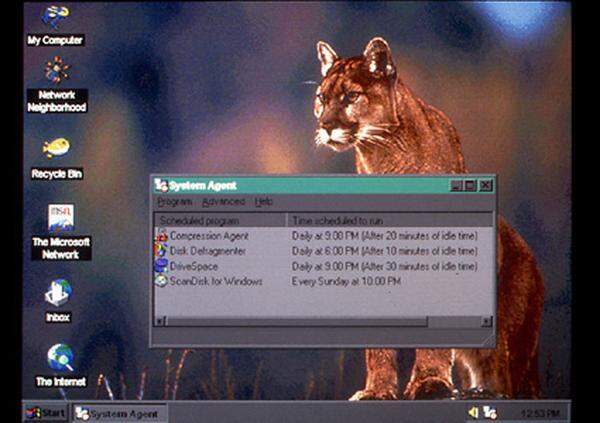 Windows 95 führte eine neue grafische Benutzeroberfläche ein. Die Taskleiste mit dem prominenten Start-Button ist bis heute noch wesentlicher Bestandteil von Windows-Systemen. Mit "Themes" konnte man den Desktop optisch aufpeppen.