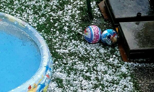 Hagelkörner in einem Garten in Pernegg im Bezirk Bruck an der Mur.