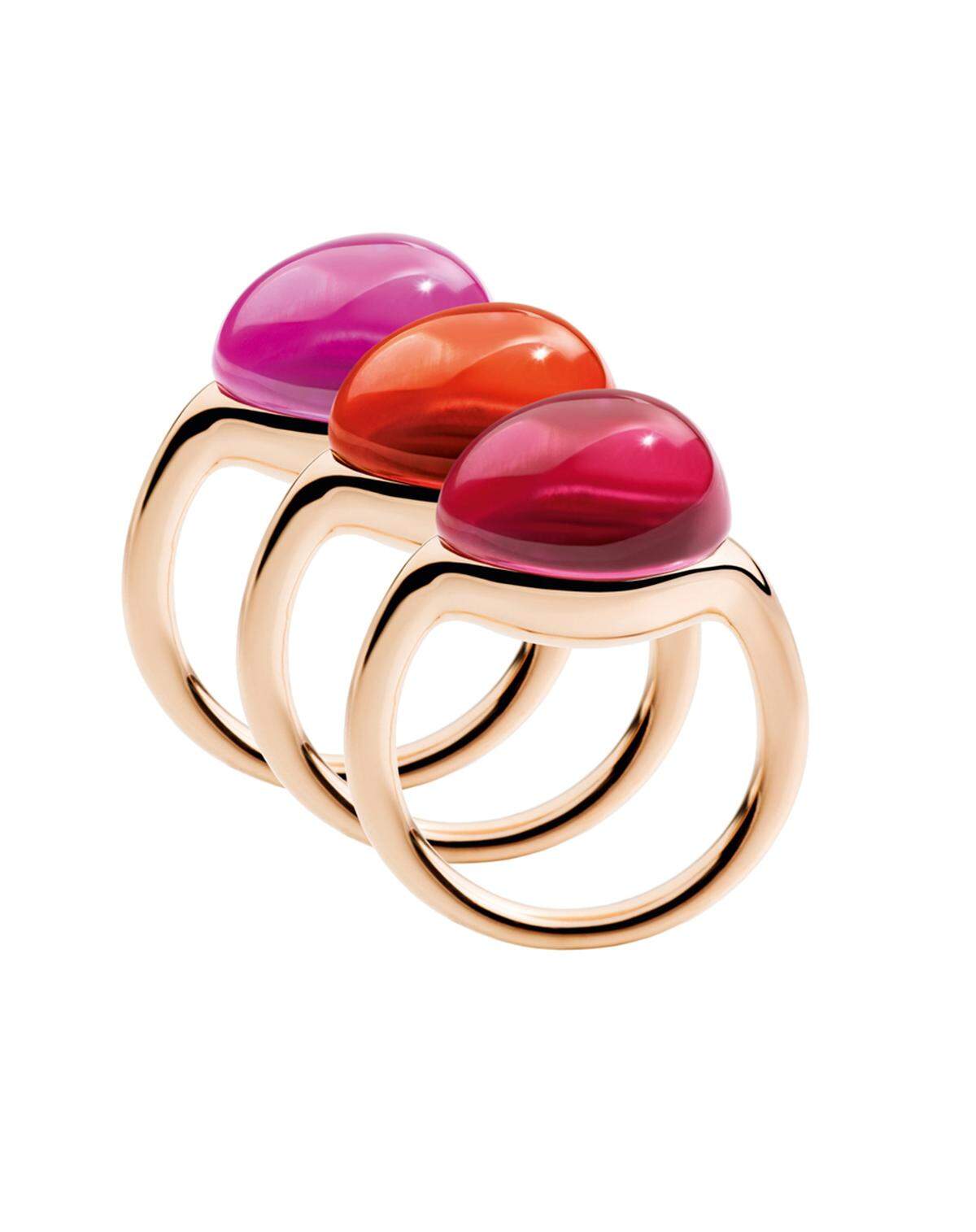 Feurig: Ringe in drei Rotnuancen aus der neuen "Rouge Passion" Capsule Collection von Pomellato.