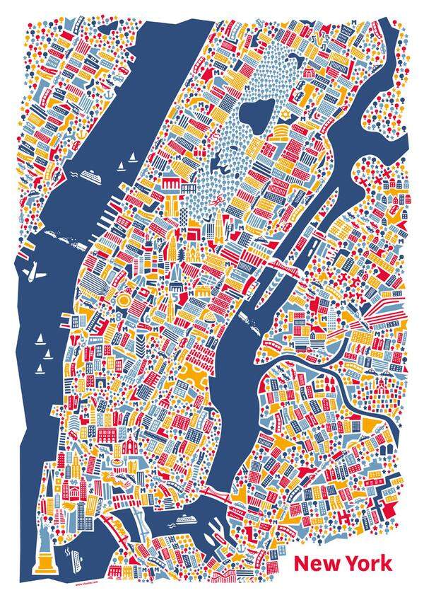 In den Stadtplänen von Nina Simone Wilsmann spiegelt sich „eine kindliche Sicht“, sagt sie: „Wie die Stadt so vergnüglich einem entgegenstürzt, wenn man zum ersten Mal vom Land in die Stadt kommt.“ Da kann sie noch so streng gerastert sein wie New York, die neueste Ausgabe der „Vianina“-Karten (www.vianina.at)
