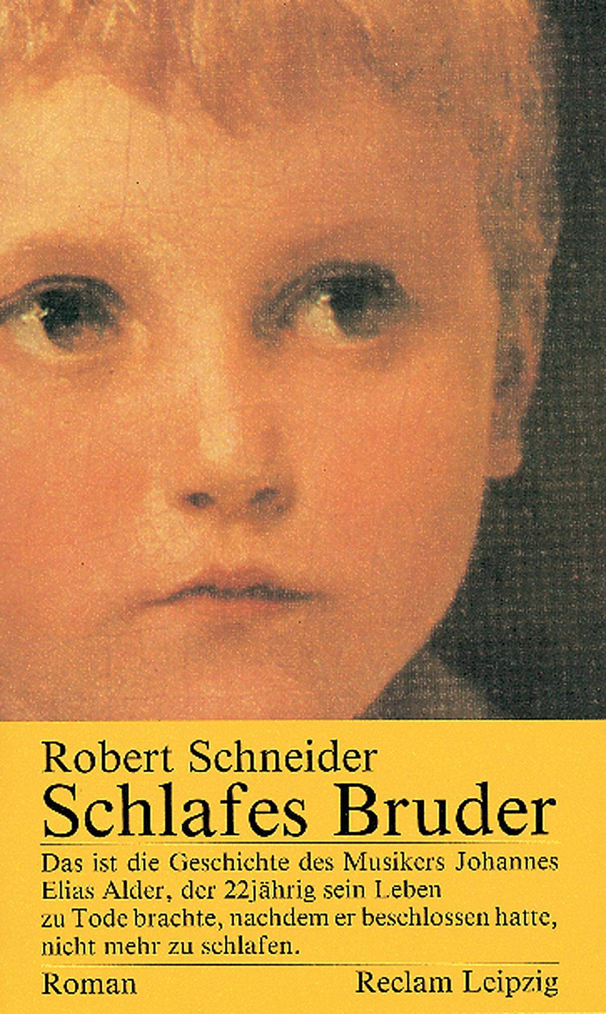 "Das ist die Geschichte des Musikers Johannes Elias Alder, der zweiundzwanzigjährig sein Leben zu Tode brachte, nachdem er beschlossen hatte, nicht mehr zu schlafen."  Robert Schneider: "Schlafes Bruder", 1992