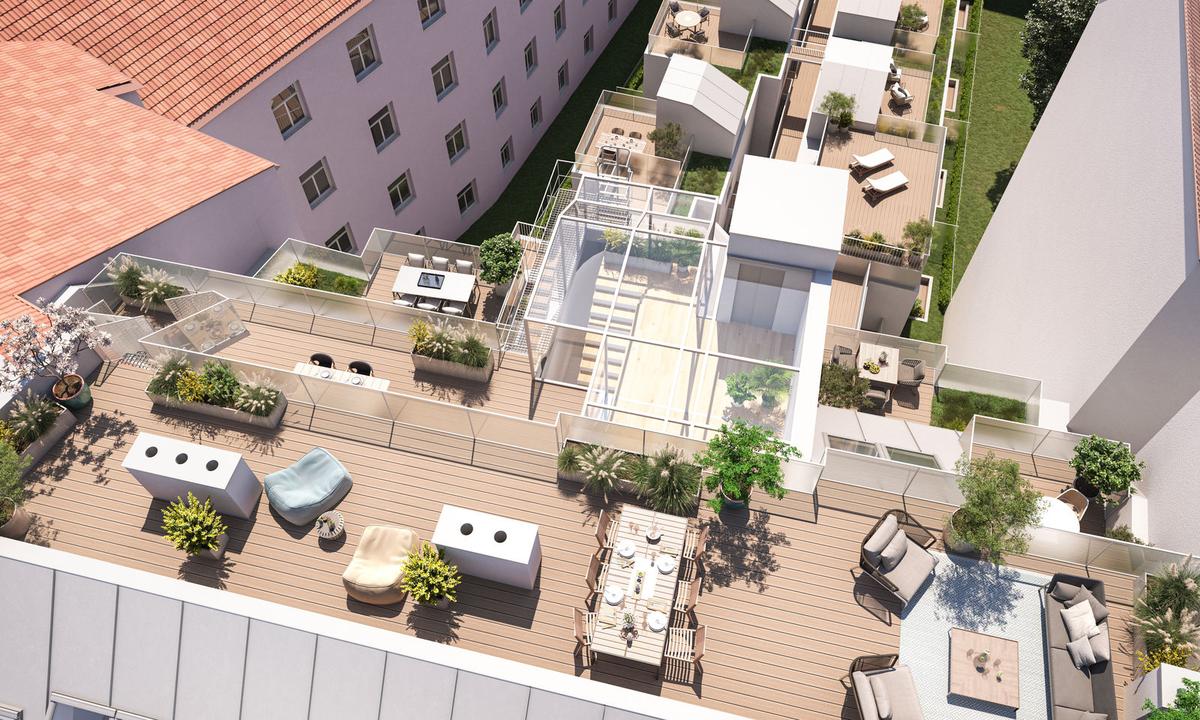 Dachterrassenlandschaft des Projekts „Goldener Fasan“ an der Schreygasse.