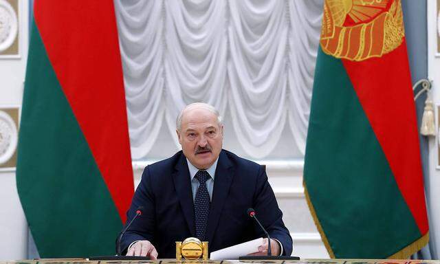 MINSK, BELARUS - MAY 28, 2021: Belarus President Alexander Lukashenko holds a meeting with the heads of delegations to a