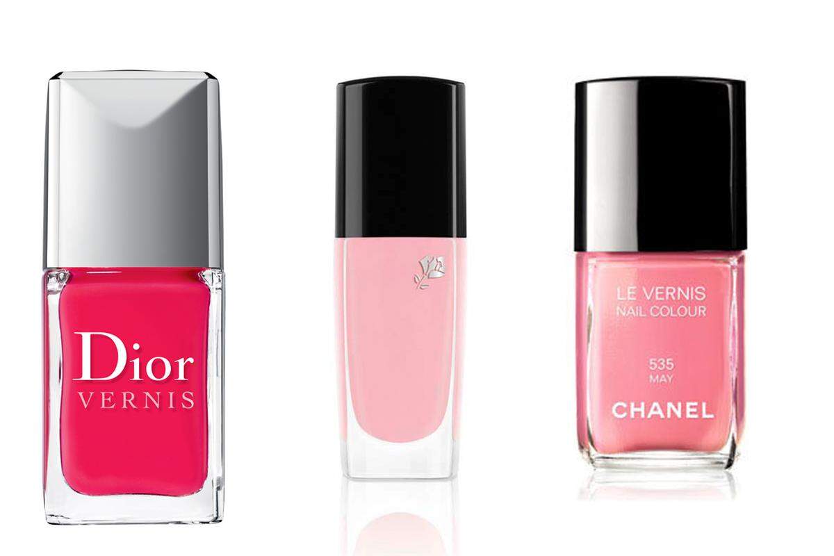 Ein Klassiker: Romantisches Rosa und kräftiges Pink erinnern an Tulpen und Rosen.  "Lucky" von Dior, "Rose Macaron" von Lancôme sowie "May" von Chanel.