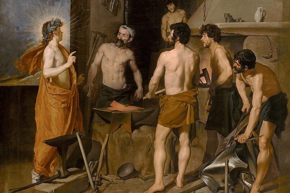 "Apollo in der Schmiede des Vulkan" entstand während der ersten Italienreise des Malers im Jahr 1630. Das Bild zeigt eine Szene aus Ovids "Metamorphosen": Venus hat ihren Mann Vulkan mit Mars betrogen. In Velázquez' Szene betritt Apollo die Schmiede des Vulkan, um ihm vom Ehebruch zu berichten.