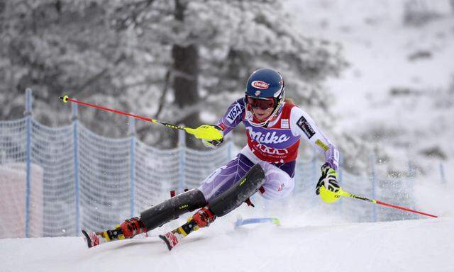 Mikaela Shiffrin of the U.S. competes in the first run of the women´s slalom event during the FIS Alpine Skiing World Cup race in Levi