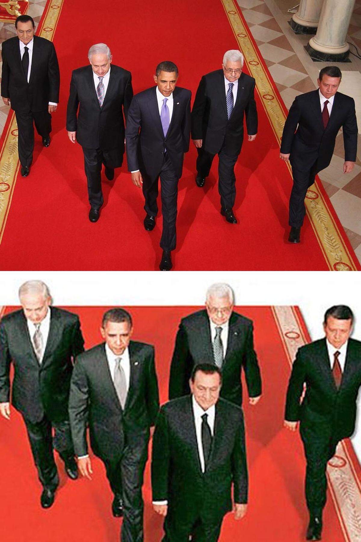 Der damalige ägyptische Machthaber Hosni Mubarak schritt 2010 auf dem Weg zu Nahost-Friedensgesprächen ganz hinten über den roten Teppich im Weißen Haus. Das wollte die halbamtliche Zeitung Al-Ahram nicht akzeptieren: Sie setzte mit einem Klick Mubarak vor US-Präsident Barack Obama an die Spitze der Gruppe.