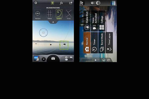 Camer Awesome (links) ist für das iPhone was CameraZoom FX (rechts) für Android ist. Beide bieten eine Fülle an Einstellungs-Möglichkeiten für Kamera und fertige Fotos - unter anderem gibt es auch eine Auswahl an Kompositions-Hilfen.