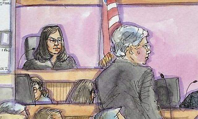 Apple marketing chief Schiller takes the stand with Apple attorney McElhinny in this court sketch during a high profile trial between Samsung and Apple in San Jose