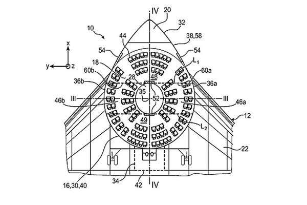 Die Ingenieure des europäischen Flugzeugbauers Airbus sprühen nur so vor Ideen. Aktuellstes Beispiel: Anstatt der Länge nach aufgereiht sind die Sitze in diesem kürzlich eingereichten Airbus-Patentantrag in einem Kreis angeordnet, wie in einem Amphitheater ...