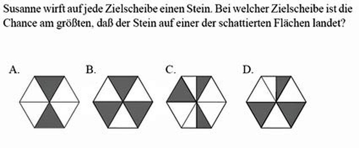 10. Susanne wirft auf jede Zielscheibe einen Stein. Bei welcher Zielscheibe ist die Chance am größten, dass der Stein auf einer der schattierten Flächen landet?