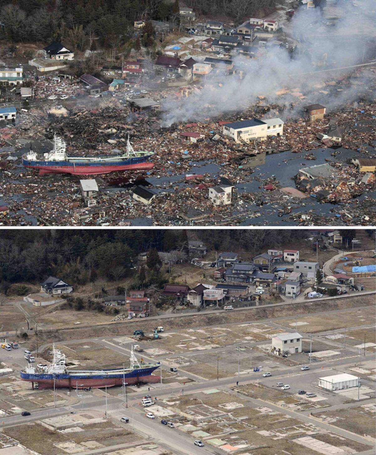 Kesennuma in der Präfektur Miyagi am 12. März 2011 (oben) und am 4. März 2013.