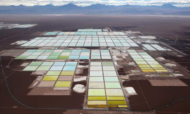 FILE PHOTO: An aerial view shows the brine pools and processing areas of the SQM lithium mine on the Atacama salt flat, in the Atacama desert of northern Chile