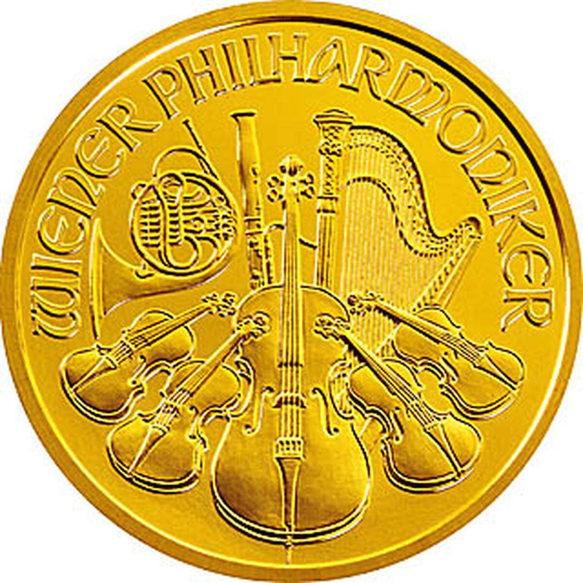Der große Philharmoniker (eine Unze, 31,103 Gramm Feingewicht) hat einen Nennwert von 100 Euro. Er dürfte aber recht selten im Supermarkt als Hunderter verwendet werden - denn allein der Materialwert schwankt gemeinsam mit dem Goldpreis rund um 1000 Euro.
