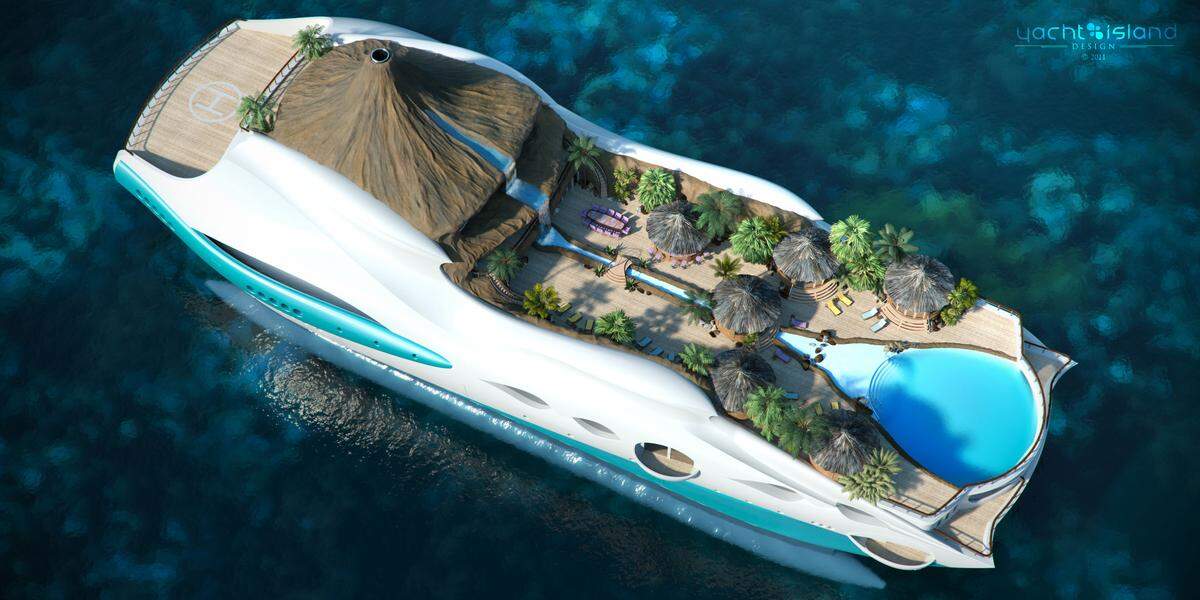 Noch ist die tropische Insel nicht auf hoher See unterwegs, denn die Firma "Yacht Island Design" hat erst den Prototypen entworfen. Für alle, beziehungsweise einige sehr wenige, die 100 Millionen Dollar übrig haben, könnte sich der Traum von der schwimmenden Privatinsel erfüllen.