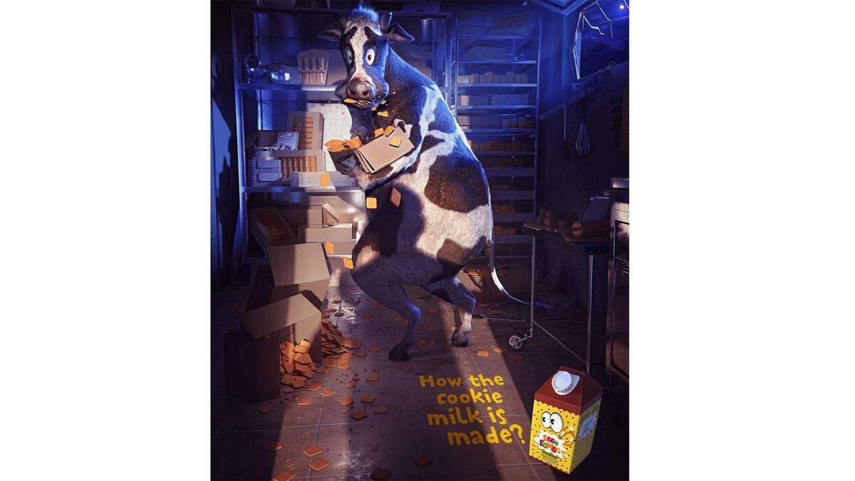 Wie "Cookie"-Milch in Kasachstan entsteht? Dazu hat sich eine Werbeagentur dieses Sujet einfallen lassen.Wie die Milch wirklich hergestellt wird, wollen wir gar nicht so genau wissen ...