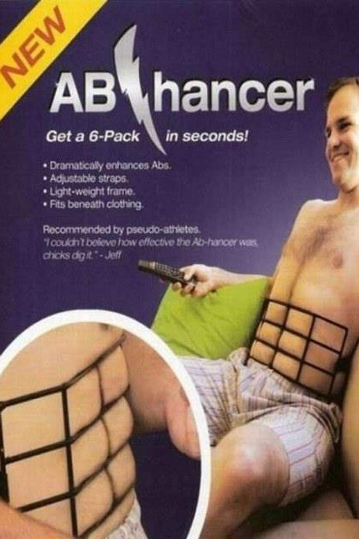 Der Trend zum Sixpack geht mittlerweile so weit, dass es sich einige nicht nehmen lassen, mit Gerätschaften wie dem "AB Hancer" nachzuhelfen. Der ist allerdings nicht ganz ernst zu nehmen.