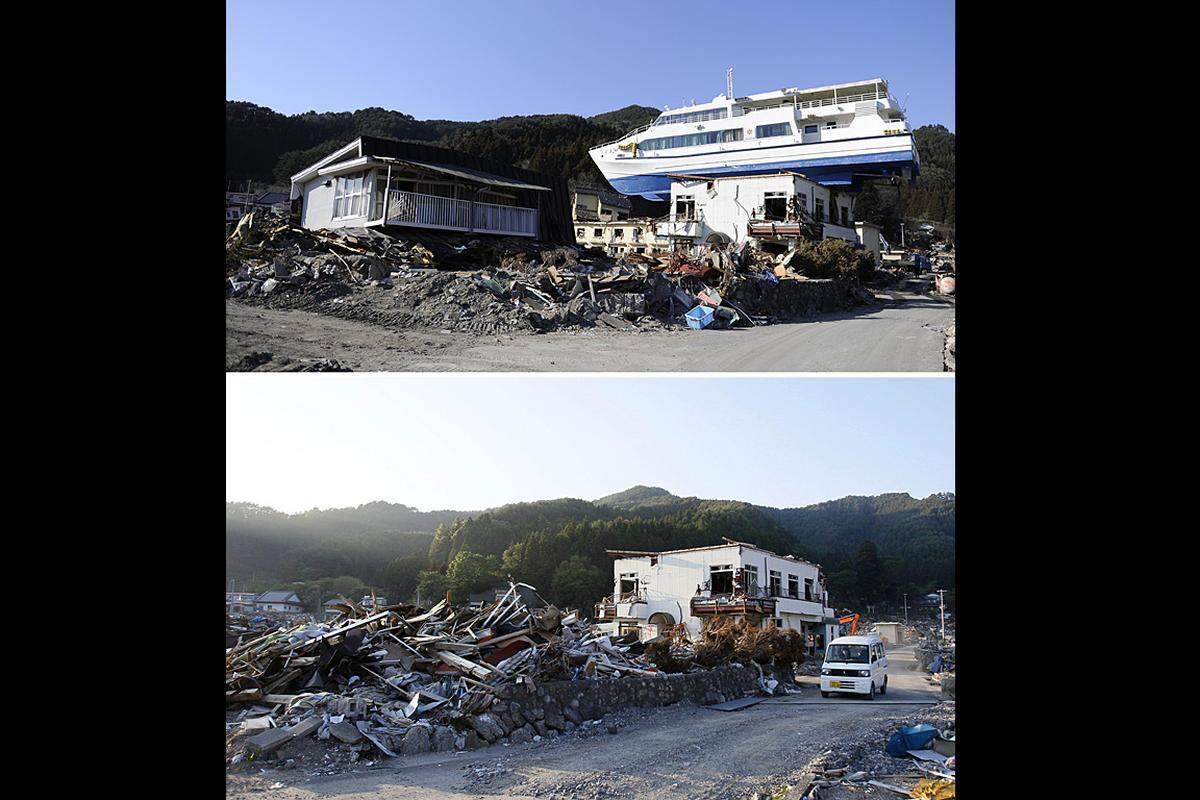 Der Blick auf Otsuchi: Oben am 6. April, unten am 3. Juni.