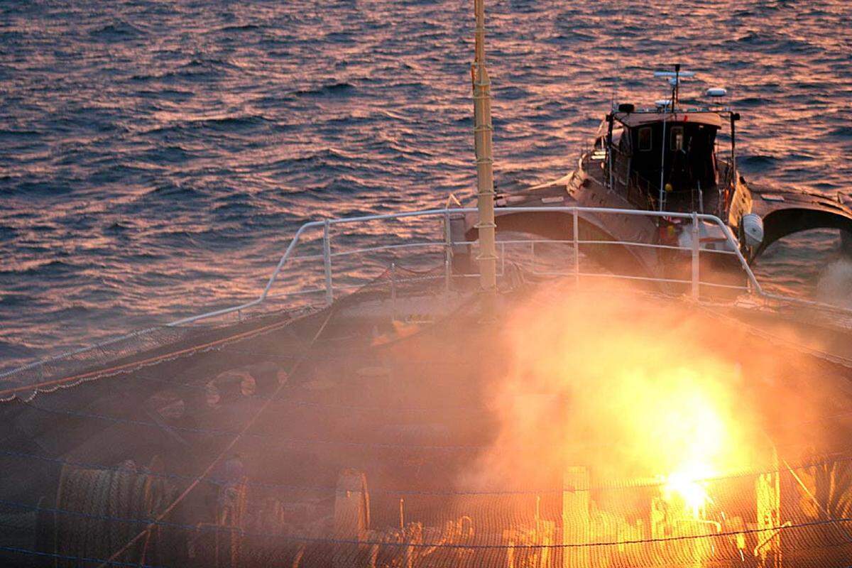 Außerdem soll die Besatzung der "Brigitte Bardot" im Vorjahr das Mutterschiff der Walfangflotte, die "Nisshin Maru", mit Brandsätzen beworfen haben. Darüber hinaus versuchen die Tierschützer, Seile in die Schiffsschrauben der Walfänger zu werfen und sie damit lahmzulegen.