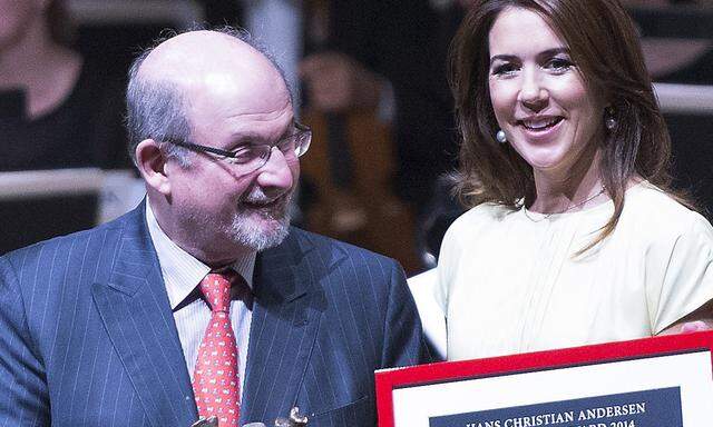 Salman Rushdie receives the Hans Christian Andersen Literature Award handed by Danish Crown Princess Mary at the Odense Concert Hall